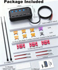 12V Motorcycle Fuse Block Kit With 20A Relay Box And LED Indicator package contents, including fuses, wiring clips, and cable ties.