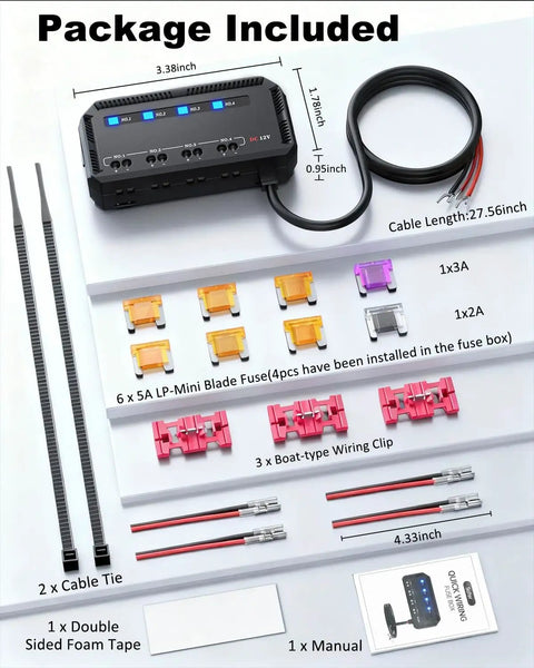 12V Motorcycle Fuse Block Kit With 20A Relay Box And LED Indicator package contents, including fuses, wiring clips, and cable ties.