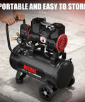 Boss Level Portable 8 Gallon Steel Air Compressor With 1.5 Hp And 2.85 Cfm At 116 Psi showing a portable air compressor with wheels and hose connections.