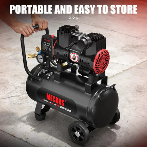 Boss Level Portable 8 Gallon Steel Air Compressor With 1.5 Hp And 2.85 Cfm At 116 Psi showing a portable air compressor with wheels and hose connections.