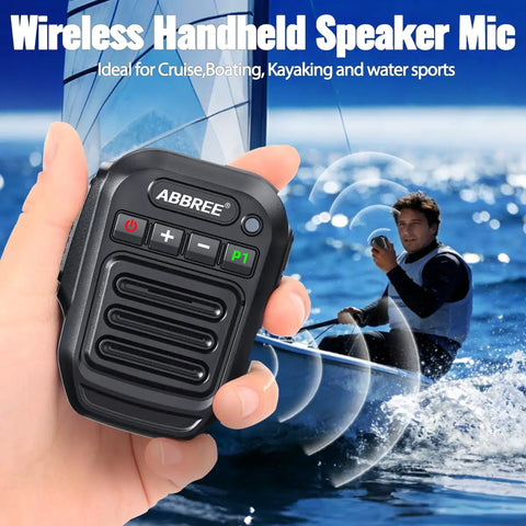 Hand holding Waterproof Float Wireless Mic For Ham Radios 2 Pin Shoulder Speaker Microphone near a kayaker on water