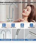 Freestanding Bathtub Faucet In Brushed Nickel, Floor Mounted Tub Filler With Handheld Shower, woman enjoying a bath