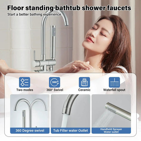 Freestanding Bathtub Faucet In Brushed Nickel, Floor Mounted Tub Filler With Handheld Shower, woman enjoying a bath