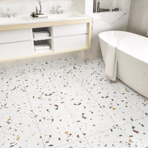 Waterproof Peel And Stick Terrazzo Floor Tiles 20 Pack 12X12 Inch Vinyl Flooring in a modern bathroom with white marble look