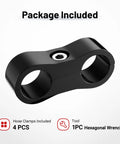 Front view of black aluminum AN6 hose separator clamp with dual circular holes and center hex screw