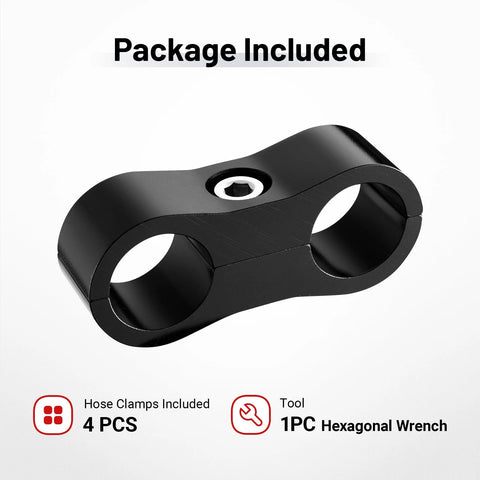 Front view of black aluminum AN6 hose separator clamp with dual circular holes and center hex screw