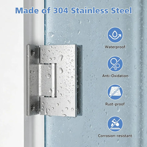 Rugged Stainless Steel Shower Door Hinges With Silent Hydraulic Technology, 90 Degree Pivot, brushed silver finish on wet glass