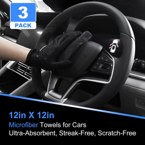 Boss Level Car Detailing Kit Interior Cleaner With Brushes Duster Cleaning Gel Microfiber Towels And Organizer Bag For Auto And Truck Interior Care Essentials Tools, 12x12 microfiber towel on steering wheel