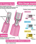 Heat Shrink Spade Connectors Set Beefy Heavy Duty Durable Waterproof Quick Disconnect Crimp Terminals diagram showing sizes and features.
