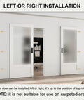 36 by 84 Inch Concealed Sliding Barn Door Featuring Frosted Glass Panels and Hidden Hardware to Keep Your Walls Dang Clean installation options shown
