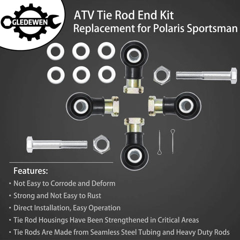 Sportsman Tie Rod End Kit For ATV UTV Steering Upgrade Direct Fit Premium Steel Replacement Beefed Up Front End Includes Two Tie Rods Four Ends Cotter Pins And Jam Nuts Easy Installation. steel tie rod ends and hardware laid out
