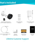 Contents of the 2K HD Wireless Security Camera With Plug In Power Outdoor Weatherproof Bullet Cam Crystal Clear Motion Alerts Night Vision 123 Degree Wide View Save And Share Footage Built In Microphone For Audio Recording package including camera, power supply, mounting hardware, extension cord, Ethernet cable, window decal, and guide.