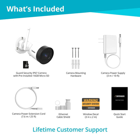 Contents of the 2K HD Wireless Security Camera With Plug In Power Outdoor Weatherproof Bullet Cam Crystal Clear Motion Alerts Night Vision 123 Degree Wide View Save And Share Footage Built In Microphone For Audio Recording package including camera, power supply, mounting hardware, extension cord, Ethernet cable, window decal, and guide.
