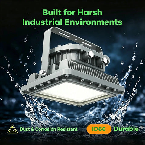 Heavy Duty Led Explosion Proof Flood Light Built Tough For Hazardous Work Zones With Real American Grit And Serious Lumen Kick For Factories Chemical Plants And Industrial Docks, angled view showing dust and corrosion resistance.