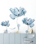 Large Dope Blue Floral Wall Decal Set For Bedroom, Living Room, Office, And TV Backdrop on white wall above modern furniture