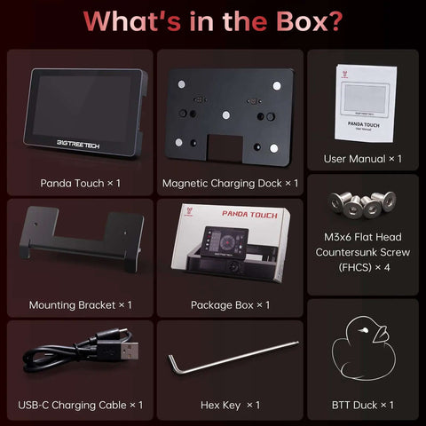 What's in the box for Panda Touch Upgrade Touch Screen Kit For Bambu Lab P1P P1S X1C X1E A1 Mini 3D Printers.