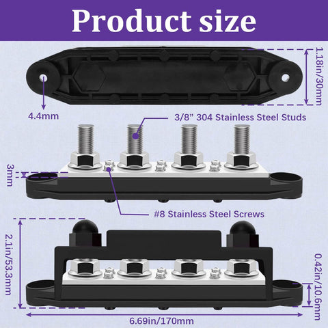 Marine Grade 12V Bus Bar Power Distribution Block With Cover For Boat And Car Solar Wiring, 250A, Four Posts Three Eighths Inch