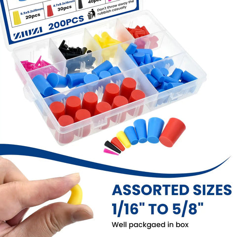 Top Grade 200 Pc Silicone Rubber Tapered Plug Kit With 8 Sizes Ranging From 1/16 Inch To 5/8 Inch Ideal Versatile Stopper Set For Any Project Or Diy Fixin Around The House And Garage Today. assorted silicone rubber tapered plugs in storage box, 1/16 to 5/8 inch