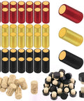 100 Piece PVC Heat Shrink Wine Bottle Capsule Kit With Black Plastic Tops In Killer Gold Black And Red Assortment showing various colors.