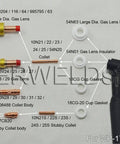 Pro Grade TIG Stubby Gas Lens Collet Bodies Kit 3/32 Inch 2.4mm 10N24S assorted sizes components and labels layout