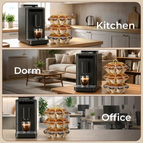 Rotating K Cup Carousel Holder 3 Tier Organizer That Fits 27 K Cups Spins 360 Degrees Anti Slip Base No Assembly Gold Finish in kitchen, dorm, office