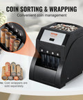 Efficient US Coin Sorter And Wrapper Machine With Four Large Coin Tubes, Sorts Pennies Nickels Dimes Quarters, Pro Grade Performance Handles Up To 230 Coins Per Minute, Black machine on table