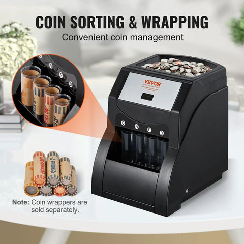 Efficient US Coin Sorter And Wrapper Machine With Four Large Coin Tubes, Sorts Pennies Nickels Dimes Quarters, Pro Grade Performance Handles Up To 230 Coins Per Minute, Black machine on table