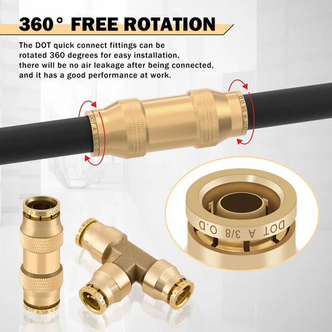 Brass DOT Air Line Fittings Kit 35 Piece Set with quick-connect straight and tee unions shown in rotation for heavy duty semi rigs.