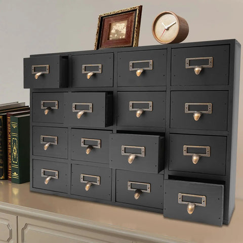 Keep Your Desk Looking Crisp And Ready To Roll With This Solid Wood Apothecary Cabinet Featuring 16 Roomy Drawers And Brass Handles.