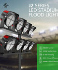 1200W Led Stadium Lights Serve Up Knockout Brightness With A Razor Sharp Thirty Degree Beam Angle For Heavy Duty Outdoor Flood Fixtures Rated As Four Thousand Eight Hundred Watt Metal Halide Equivalents Ip66 Waterproof, showing multiple lights on a mounting bar.