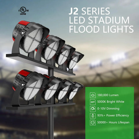 1200W Led Stadium Lights Serve Up Knockout Brightness With A Razor Sharp Thirty Degree Beam Angle For Heavy Duty Outdoor Flood Fixtures Rated As Four Thousand Eight Hundred Watt Metal Halide Equivalents Ip66 Waterproof, showing multiple lights on a mounting bar.