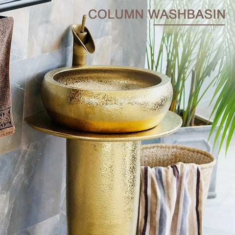 Heavy Duty Ceramic Vessel Sink Paired With Sleek Vanity Stand And Chrome Faucet Kit Featuring Badass Durability And No Fuss Install For Indoor Outdoor Spaces That Seriously Slaps in a shiny gold finish.