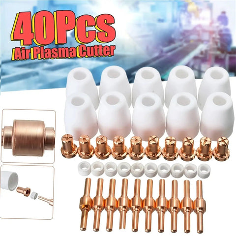 Premium Plasma Cutter Consumables Kit For PT-31 And PT-40 Torch Plus CUT-50 50 Ceramic Nozzles Set with copper nozzles and ceramic tips.