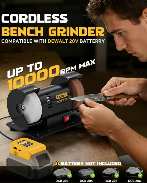 Built Like A Tank 3 Inch Mini Bench Grinder With Knockout Variable Speed Up To 10000 Rpm And Ac Adapter Featuring Dual Grinding Wheels for knife sharpening.