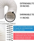 Easy Portable AC Window Vent Kit With Adjustable Vertical Or Horizontal Sliding Window Plate For Window AC Units, 5.9 Inch Diameter Seal And 59 Inch Exhaust Hose, showing extendable hose and thread details.
