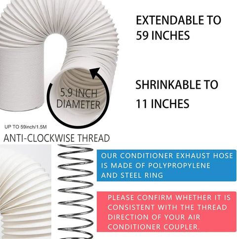 Easy Portable AC Window Vent Kit With Adjustable Vertical Or Horizontal Sliding Window Plate For Window AC Units, 5.9 Inch Diameter Seal And 59 Inch Exhaust Hose, showing extendable hose and thread details.
