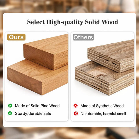 Comparison of solid pine wood on the left and synthetic wood on the right, showcasing material quality differences.