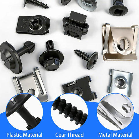Shop Grade Auto Repair Fastener Assortment With 130 Pieces U Nut Clips Body Bolts Screws And Push Retainers For Bumper Fender Trim Panels showing plastic and metal fasteners.