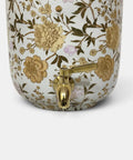 White Enamel Copper Water Dispenser With Lid And Tap, floral design close-up, handcrafted Indian pot for drinking water storage