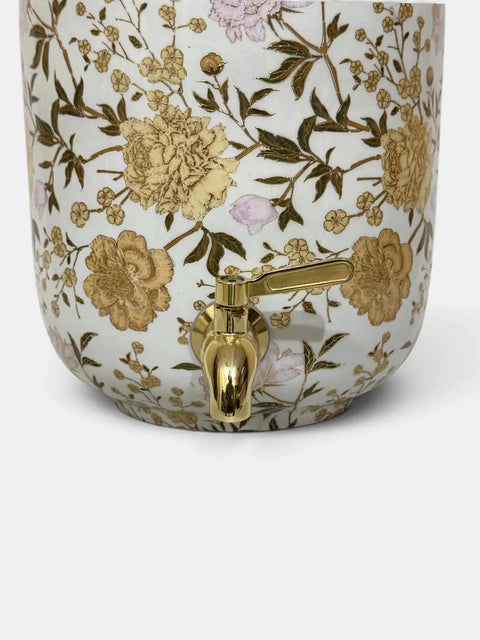 White Enamel Copper Water Dispenser With Lid And Tap, floral design close-up, handcrafted Indian pot for drinking water storage