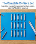15 Pack M6 X 35mm Furniture Connector Bolts And Dowel Screws on blue mat with screwdriver and measuring tape