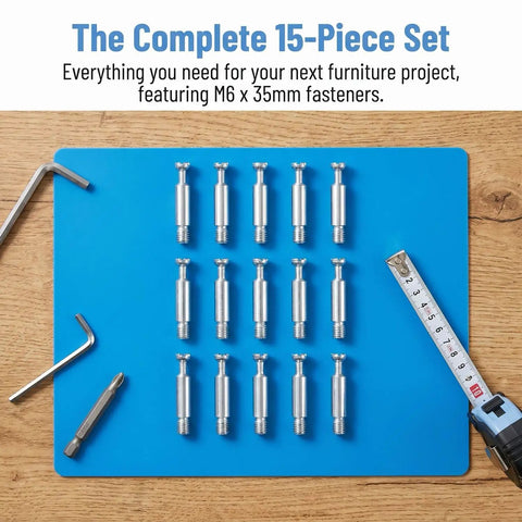 15 Pack M6 X 35mm Furniture Connector Bolts And Dowel Screws on blue mat with screwdriver and measuring tape