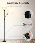 Tall Torchiere Floor Lamp With Adjustable Reading Light, 71-Inch Tall Pole, black plastic lampshade shown in assembly steps