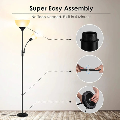 Tall Torchiere Floor Lamp With Adjustable Reading Light, 71-Inch Tall Pole, black plastic lampshade shown in assembly steps