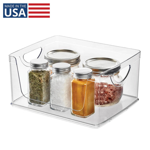 Stackable Open Front Kitchen Storage Bin With Handles Clear Plastic Organizer For Pantry Cabinets And Drawers See Through Design