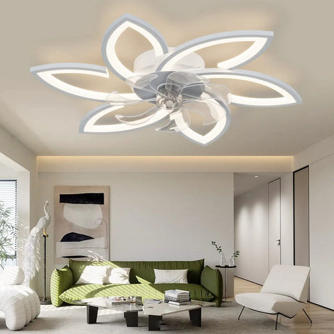 Low Profile Ceiling Fan With Lights That Do It All Modern Dimmable Light Fan With Remote And App Control Flower Shade Design Quiet Yet Mighty For Living Room Bedroom Kitchen Contemporary Lighting Fixture in a modern living room.