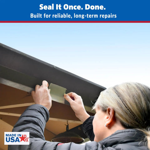 Person applying Clear Butyl Seal Tape 4 x 5 Ft Waterproof Leak Repair Tape for roofs, gutters, pipes, and RVs.