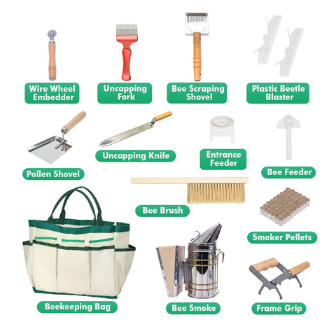 Tools from Beekeeping Essentials Starter Kit For Beginners With Full Body Bee Suit Including Bee Smoker Beehive Frame Holder Frame Grip Hive Tool