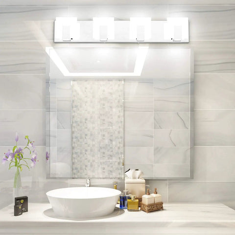 Four Light Modern LED Vanity Light For Bathroom With Up And Down Frosted White Acrylic Chrome Wall Mount Over Mirror 6000K White Daylight Glow Sconce