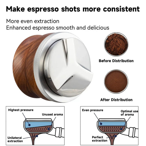 53mm Espresso Distributor And Pro Grade Adjustable Depth Tamper Leveler With Walnut Wood Handle Fits 54mm Breville Barista Portafilter